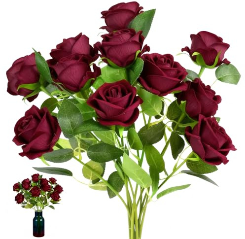 FuxFuis 14 Pz Rose Artificiali in Velluto con Stelo Lungo, Fiori Artificiali Realistici 50 cm, Rose Rosso Artificiali per Decorazioni, Bouquet da Sposa Fiori Velluto, Fiori Finti per Matrimonio, Feste
