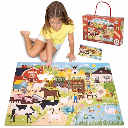 BONNYCO Puzzle Bambini XXL con Animali della Fattoria 48 Pezzi Grandi. Puzzle Gigante di 92 x 62 cm Giochi per Bambini. Regalo Bambino e Bambina Educativi 2-8 Anni