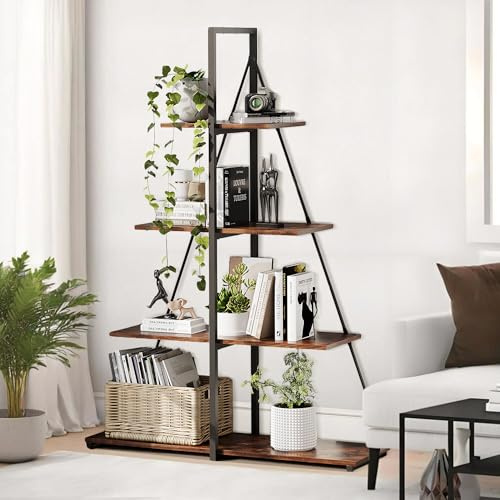 Hapihom Ladder Bookcase, 4 Tier Corner Shelf with Steel Frame, Wooden Open Display Shelving Unit, Industrial A-Shaped Bookshelf for Living Room, Hallway, Home Office 100x34x143cm - A