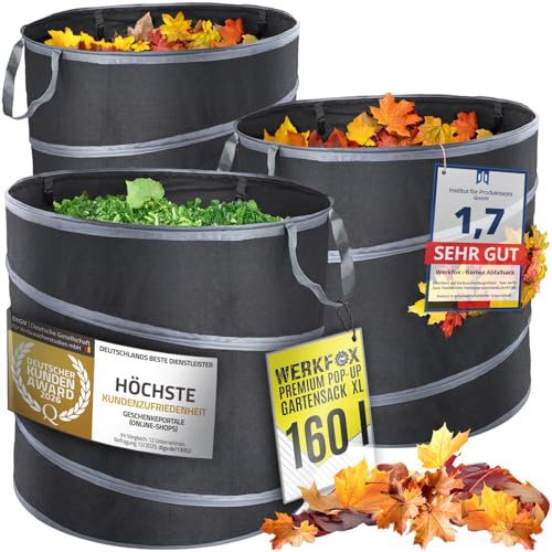 Werkfox® Laubsack 160L 3er Set – Pop-Up Gartenabfallsack stabil & robust | Selbststehend für leichtes Befüllen, extrem reißfester Gartensack, 62x69cm Gewebe, wasserabweisender Grünschnittsack