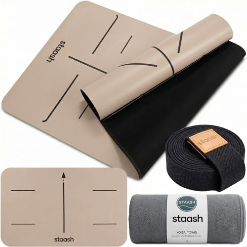 STAASH Juego de esterilla de yoga premium de alta calidad, antideslizante, de poliuretano y caucho natural (4,5 mm), incluye toalla de yoga, correa y almohadilla para las rodillas, extra ancha y larga