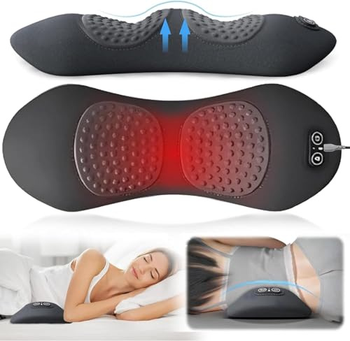 Electric Lumbar Massager Support Pillow, Triple Fusion Back Massager - Back Massager with Heated, Vibration and Traction to Support Lower Back Comfort, Relaxation Device for Home Use (Dark Grey)