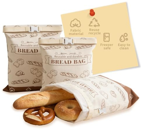 YUUTIAL Bread Bags for Homemade Bread, 43x33cm TPU Lined Reusable Bread Cotton Bag with Buckle Closure, Keeps Fresh Longer Food Eco-Friendly Storage Bag, Kitchen Storage Sacks