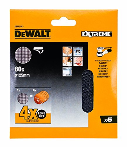 DEWALT Schleifgitter Extreme (80er Körnung, 125 mm Ø, mit Klettfix, für den Einsatz auf Exzenterschleifern, 5 Stück) DTM3103