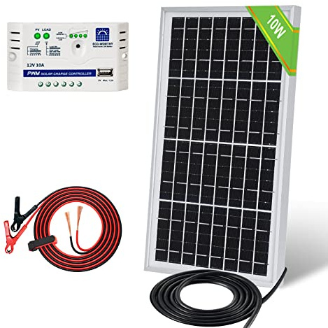 ECO-WORTHY 10 Watt 12 Volt netzunabhängiges Solarpanel Kit: wasserdichtes 10W Solarpanel + Batterieclip-Kabel mit Isolierhülle + USB-Laderegler für Handy Auto Wohnmobil Camping im Freien