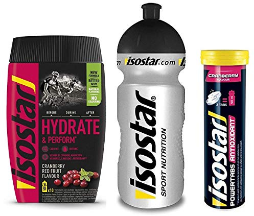 Isostar Hydrate & Perform Iso Drink – 400 g isotonisches Getränkepulver – Elektrolyt Pulver zur Unterstützung der sportlichen Leistungsfähigkeit – 1 x Cranberry + 1x Cranberry Tabs + 0,5 Liter Flasche