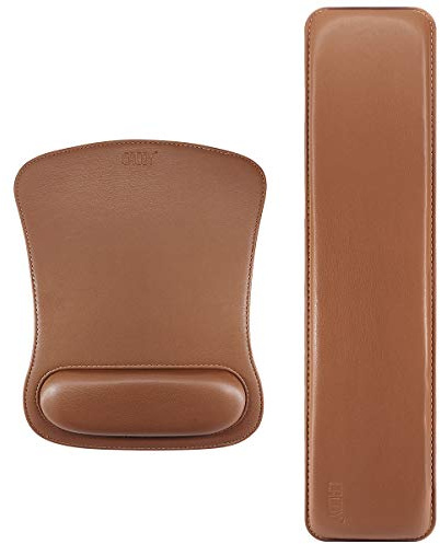 Cacoy PU-Leder-Mauspad mit Handgelenkstütze und Tastatur-Handballenauflage für Spiele, Büro, PC-Computer-Laptop, Ergonomischer Memory Foam, Rutschfeste Gummi-Handgelenkstütze (Braun)