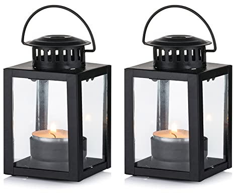 Nuptio Lanterns for Candles Garden Lanterns, 2 Pcs Vintage Style Hanging Small Lanterns for Tealight Candle, Black Candle Tea Light Holders for Indoor Outdoor Events Birthday Party Wedding