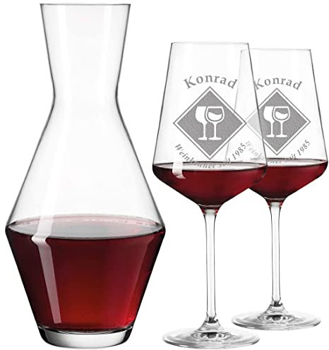 polar-effekt Leonardo Lot de 3 Verres à vin 460 ML et décanteur à vin Personnalisable avec Gravure – Verre à vin Rouge Idée Cadeau pour Anniversaire Motif connaisseur de vin