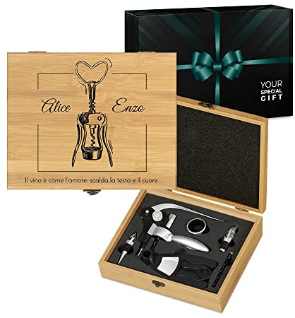 Maverton Kit Accessori da Vino Deluxe, Set Cavatappi da Vino Personalizzato | Scatola in legno di bambù + 8 pezzi di Accessori Vino, idee regalo per anniversario, Il vino