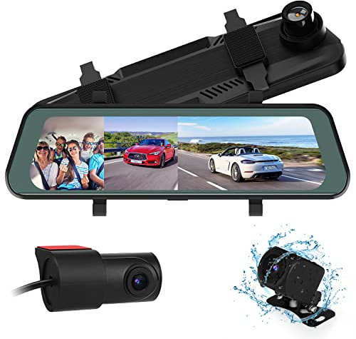 MHCABSR Dreifach Spiegel Dashcam Rückfahrkamera, 3 Kanal 9,6 Zoll Touchscreen, wasserdichte Rückfahrkamera mit Frontkamera, 360 ° im Auto Kamera mit Loop-Aufnahme, G-Sensor, Einparkhilfe