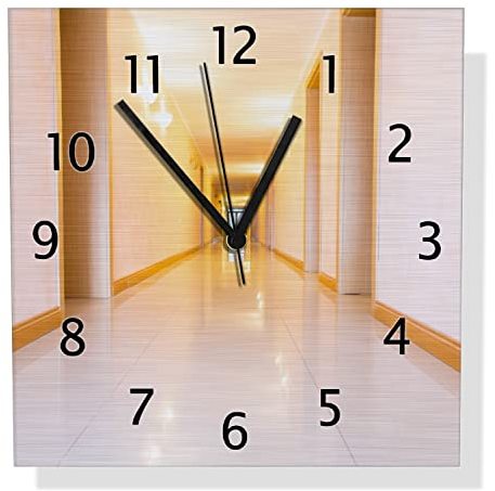 Wallario Design Wanduhr Strahlend sauberer Flur mit goldenem Licht und weißen Wänden aus Aluverbund, Alu-Uhr Größe 30 x 30 cm, Schwarze Zeiger mit Metalloptik