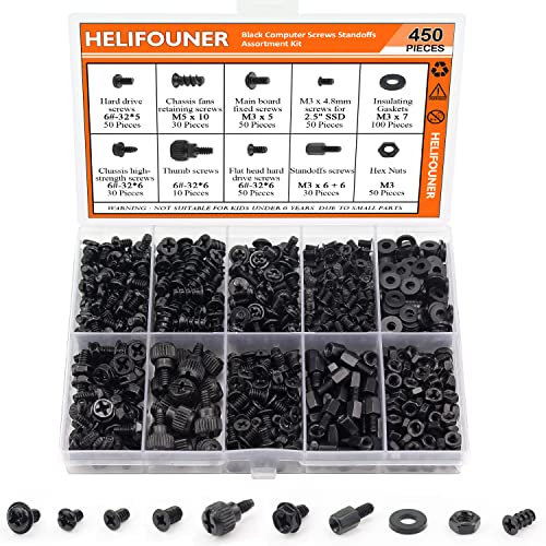 HELIFOUNER 450 Pieces Computer Standoffs Screws Assortment Kit for 2.5 SSD, Hard Drive, Computer Case, Motherboard, Fan Power Graphics with Screwdriver, Black