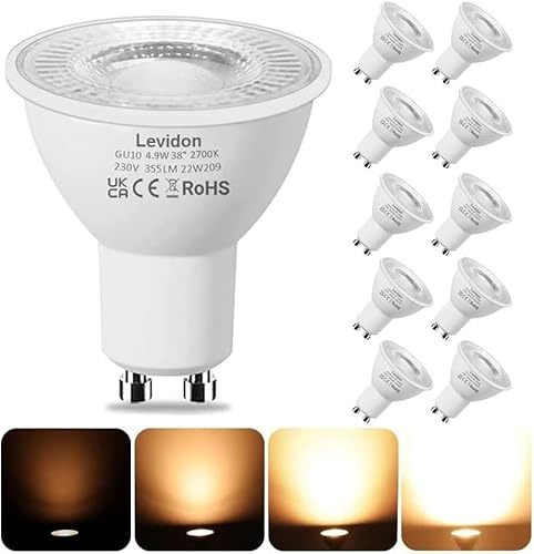 Levidon GU10 LED Bulbs Dimmable, Warm White 2700K, 50W Halogen Spotlight Replacement, 4.9W Dimmable GU10 LED Bulbs, 220-240V 355LM 38° Narrow Beam Angle - Pack of 10