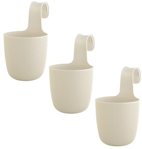 Engelland - 3 x Blumentopf, Balkontopf zum Aufhängen, Beige, Hängetopf für runde & eckige Balkongeländer, Pflanzkübel, Wasserspeicher, Drainageeinsatz, UV- & Frostbeständig, Ø 15 cm
