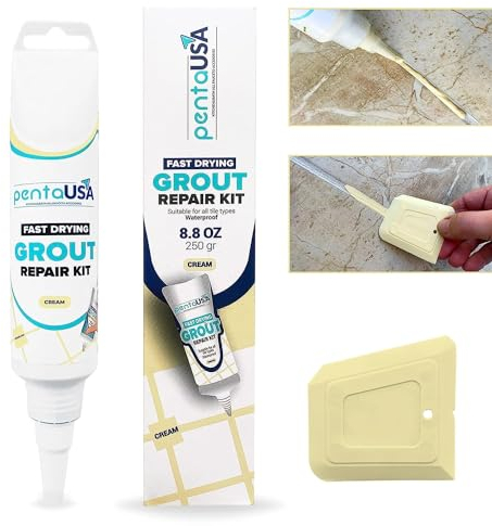 PentaUSA Blanqueador de Juntas - Juntas Azulejos, Kit de Reparación de Juntas, Reparación de Escapadas, Lechada Tubo, Reparación y Renovación, Mortero Azulejos - Con Espatula (250g - Color Crema)