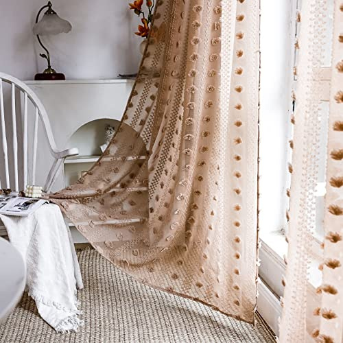 SASIGAYA Boho Vorhänge Transparente Braun Voile Gardinen 160 cm Lang Durchsichtige Vorhang Dekoschal Pompons Vintage Landhausstil Stabtaschenvorhänge 2er Set für Modern Küche Wohnzimmer Schlafzimmer