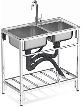Fregadero de cocina comercial, fregadero de servicio independiente de acero inoxidable de doble tazón, lavabos portátiles para lavarse las manos, para bar, hogar, lavandería, estación de fregadero de