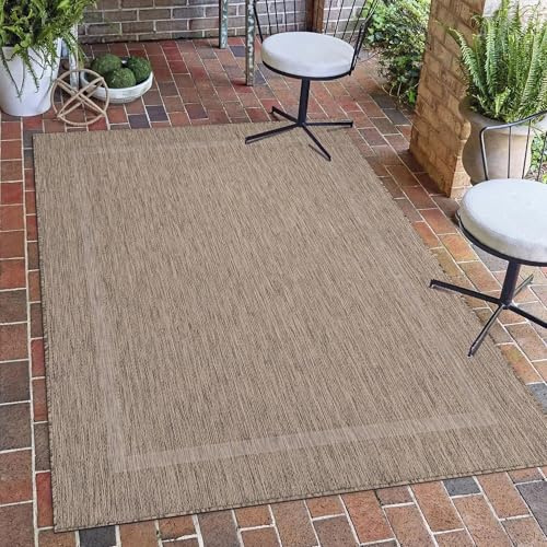 Carpetsale24 Outdoor Teppich Läufer 60x100 cm Braun Bordüre Design Flachgewebe Wetterfest Waschbar für Balkon Küche Flur Eingang