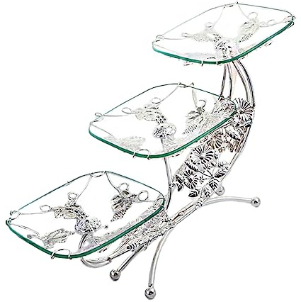 Yardwe Plateau à Fruits Européen Design Multi-Niveaux Créatif en Fer et Verre Argenté Support Décoratif pour Hôtel ou Pique-niques pour Gâteau, Bonbons et Desserts