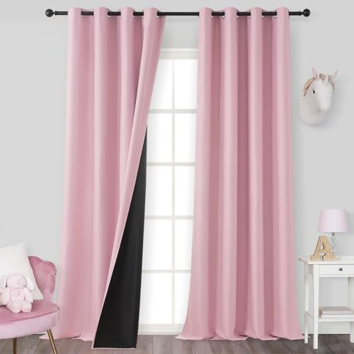 MRTREES Double Rideaux Rose Thermiques Isolants Anti Froid 100% Occultant Rideau Opaque Phonique Anti Bruit à Oeillets pour Salon Bureau Maison, 140x260CM, Lot de 2