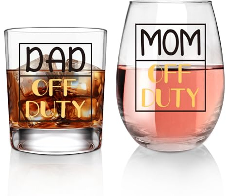 ONEHAUS Dad & Mom Gift Set - Off Duty Whiskey & Stemless Wine Glass Set for Father's Day, Mother's Day, Birthday, Daily Use, Baby Shower