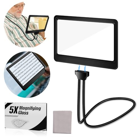 JUOIFIP 5X Hände frei Vergrößerungsglas leselupe für das Lesen Hängenden Hals, Flexible Schwanenhals Full-Page 20x12cm große Lupe für kleine Drucke & Low Vision Senioren mit alternden Augen