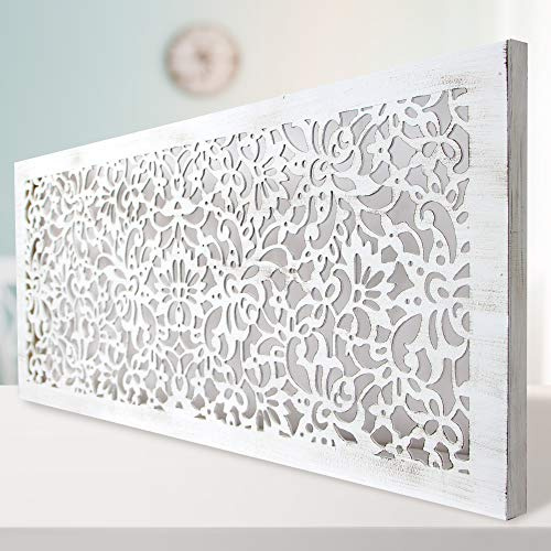 Cuadro Mandala de Pared Calada, Fabricado Artesanalmente en España - Decorado a Mano - Cuadro Decoración (60x150 cm, 154 blanco envejecido)