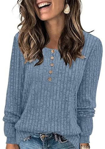 ABINGOO Jerséis para Mujer Cuello Redondo con Botones Tops de Manga Larga Suéter Ligero Túnicas Basica Pullover Camisetas(Azul,XL)