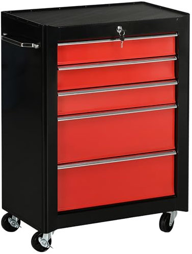 HOMCOM 5-Drawer Lockable Steel Tool Storage Cabinet with Wheels Handle 2 Keys Organisation Box Unit Chest Garage DIY Workshop Trolley Red