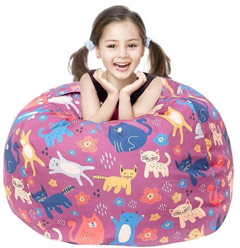 FanChose Round Bean Bag Cover Only without Filling, Large Stuffed Animal Bean Bag Storage, Bean Bag Chair Cover, Beanbag Covers with no Filling for Kids and Teens (Cat, X-Large)