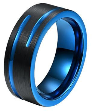 Whoiy Schwarz Blau Ausgefallene Verlobungsringe Matt, Herren Partnerringe Valentinstag 8MM Rille Wolfram Ringe mit Gravur Größe 52 (16.6)