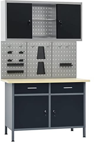 Rantry Banco da Lavoro con 3 Pannelli a Parete e 1 Armadietto, Banco Tavolo da Lavoro per Garage Officina K1 Decorazione da Mobili Camera
