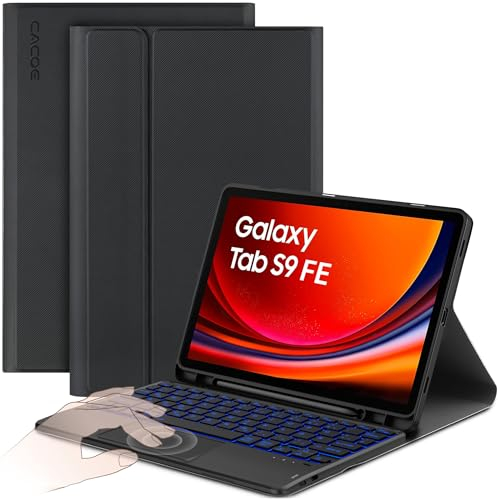 CACOE Hülle Tastatur Kompatibel mit Samsung Galaxy S10 Lite 5G / S10 FE / S9 FE / S9 10.9 Zoll/11 Zoll (2025/2023) mit Touchpad, 7-Farbige Beleuchtung Abnehmbare Kabellose Tastatur, Schwarz