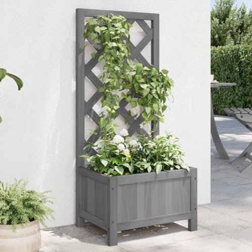 ShGaxin Jardinière avec Treillis Gris Bois Massif de Sapin,Jardiniere sur Pieds,Bac avec Treillis,Jardiniere Terrasse