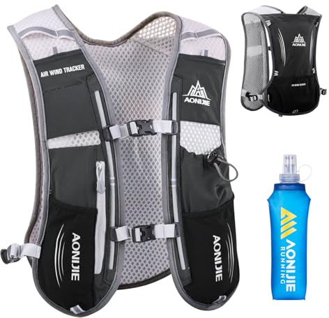 TRIWONDER 5 l dryckesryggsäck, ultralätt löpväst, löpryggsäck med 1,5 l drickbubbla eller 500 ml flaska cykelryggsäck för löpning, maratoncykling (svart – med 500 ml flaska, en storlek)
