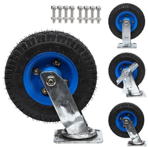 Swivel Plate Caster Set of 2 Highly Elastic 8/10 Rubber Wheels for Toolbox Tool Cart and Garden Carts Fixed/Rotating/Brake Pneumatic Casters