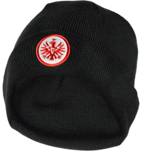 Eintracht Frankfurt Wintermütze Classic, Schwarze Strickmütze mit rotem Logo mittig auf der Stirn für Erwachsene und Jugendliche, Unisex