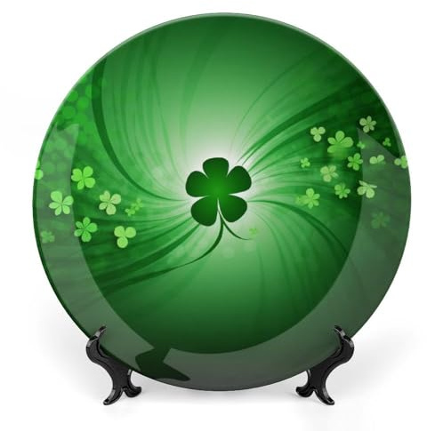 ZLFDSKGY Bone China Decorative Plate With Display Stand Happy St Patrick's Day Ceramic Dinner Plates Crafts Ceramic Ornament Plates Round Porcelain Display Dishes 8inch