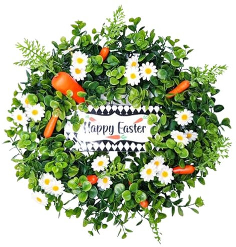 Osterkranz 40cm Künstlicher Osterkranz für Vordertür Ostertürkranz Frühlingskranz with Karotte und Gänseblümchen für Osterdekorationen