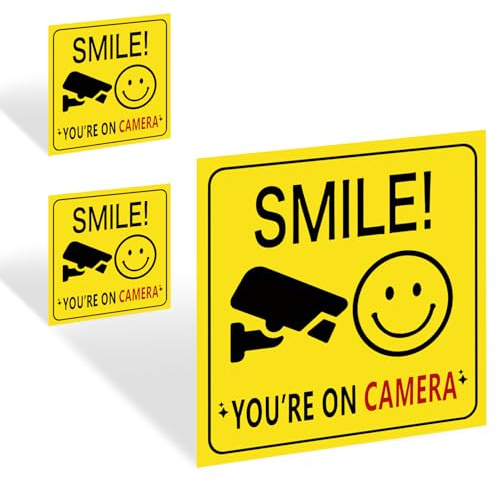 3Pcs Smile You Are On Camera Sign, Self-Adhesive CCTV Sign Outdoor Vinyl CCTV Sticker Reflective Smile Your On Camera Signs for Warn/Notify Visitors or Clients (100mm x 100mm)