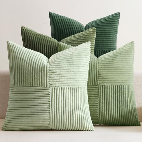 EMEMA Kissenbezug Kordsamt Patchwork Kissenhülle 50x50 Grün Serie | 4er Set Zierkissenbezug Dekokissen Sofakissen Kord Dekorative Kissen für Sofa Sessel Zuhause Schlafzimmer