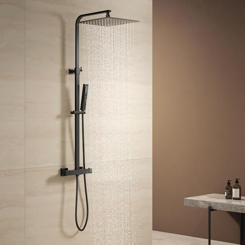 KOMIRO Colonne de Douche Noir, Colonne de Douche Thermostatique, 25 x 25 cm Douche de Tête et Haute Pression Douchette, Ensemble de Douche avec Mitigeur