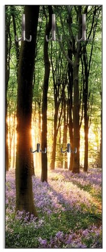Wallario Wandgarderobe aus Holz in Größe 50 x 125 cm in Premium-Qualität, Motiv: Blaue Hasenglöckchen im Wald mit Sonnenstrahlen | 5 Kleiderhaken zum Aufhängen