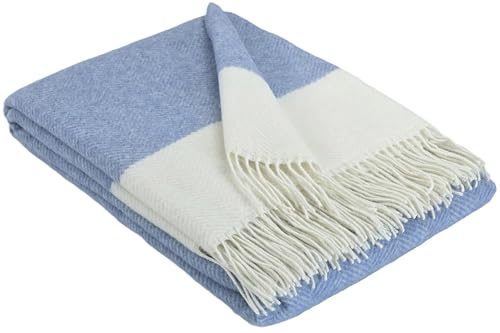 STTS International Kashmirfilt, ullfilt, levande filt, 100 % merinoull – kashmir – mix 140 x 200 cm, mycket mjuk pläd, gosig filt, Faro (ljusblå-vit (M))