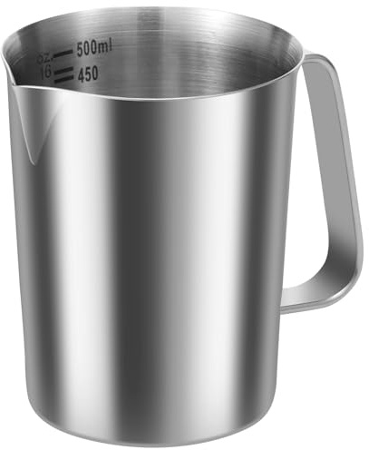 Stainless Steel Milk Jug 500ml Milk Frother Cup with Clear Marking Rust Proof Large Mouth Metal Graduated Beaker with Handle Coffee Cappuccino Latte Art Barista Steam Pitchers for Coffee Lovers