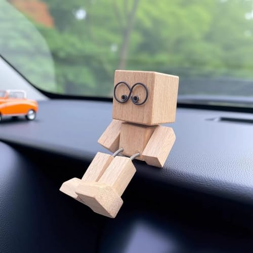 Wackelnder Holzfigur Männchen, Handgefertigter Auto Armaturenbrett-Dekor mit magnetischen Gesichtsausdrücken, tragbare bewegungsaktivierte Holzfigur, lustiger Wackelkopf Schreibtischschmuck (A-1)