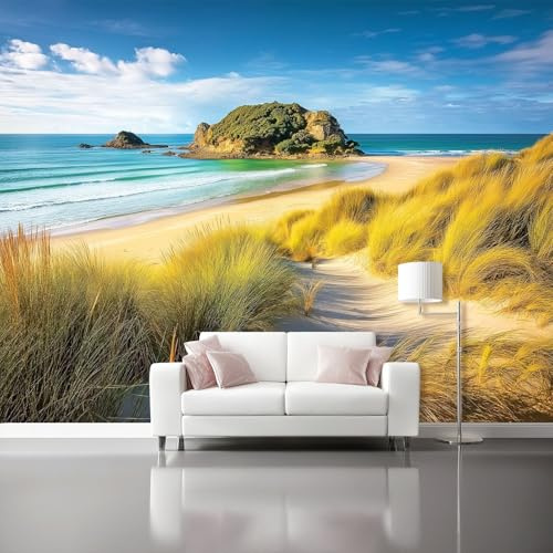 Fotomurales Colinas de hierba junto al mar, paisaje tropical Papel pintado tejido no tejido decoración Pared decorativos 300 x 210 cm Sala Cuarto Oficina Salón Decoración Casa Azul Amarillo