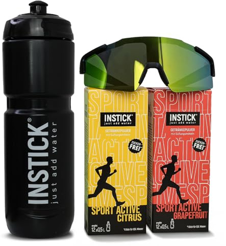 INSTICK Sport Bundle – schwarze Fahrradflasche 0,8 L + Sportbrille schwarz + 2 Sportgetränkepulver Citrus & Grapefruit – Zuckerfrei, mit Vitaminen & Mineralstoffen – ideal für Fitness & Outdoor