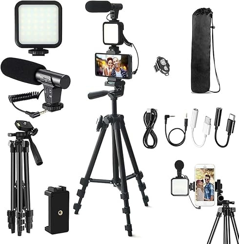 Ultimate Vlogging Kit: treppiede estensibile da 50 pollici, microfono, luce, telecomando per iPhone/smartphone/fotocamere, kit perfetto per YouTube Starter e Video Maker (compatibile con Android e